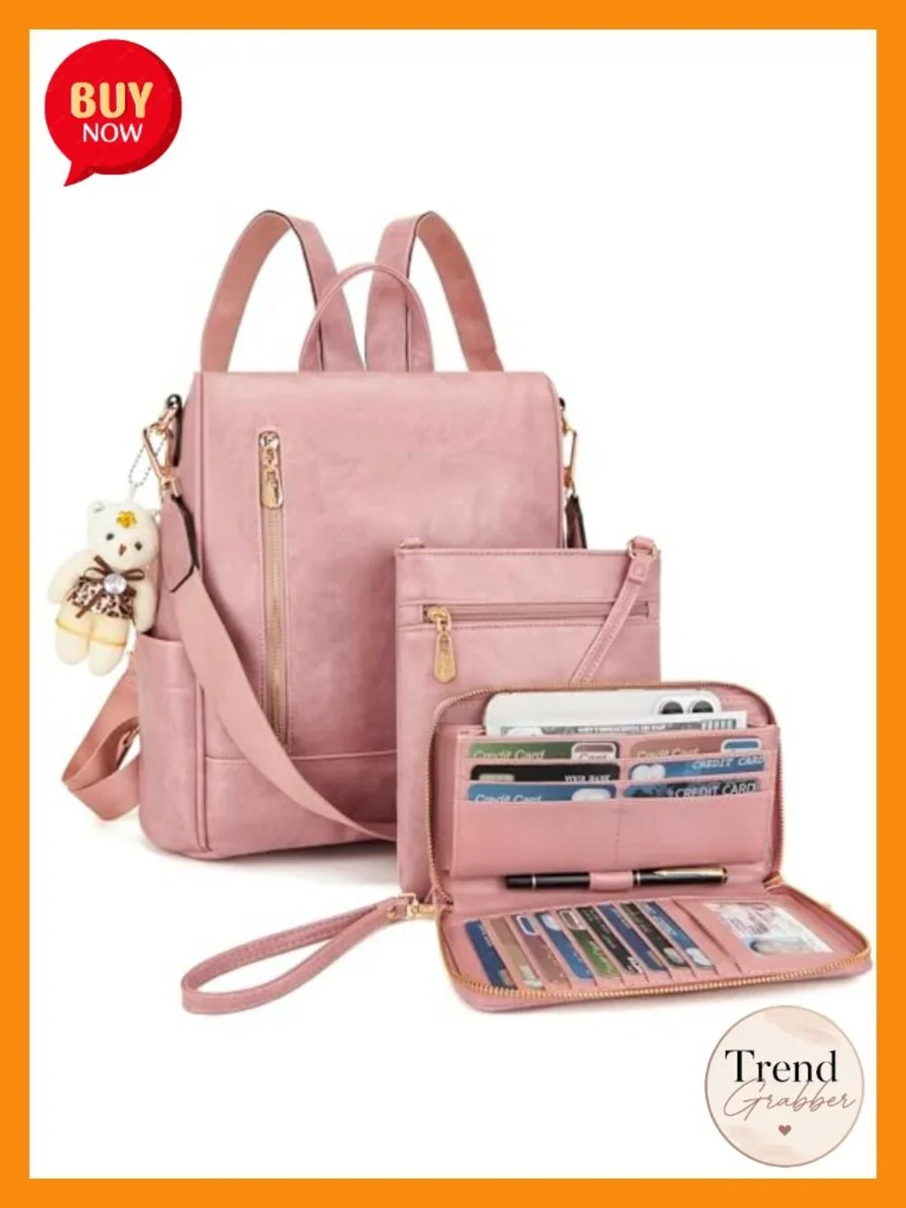 Anti-Theft Fashion Backpack Purse Set 3pcs Soft Vegan Leather Travel Handbag